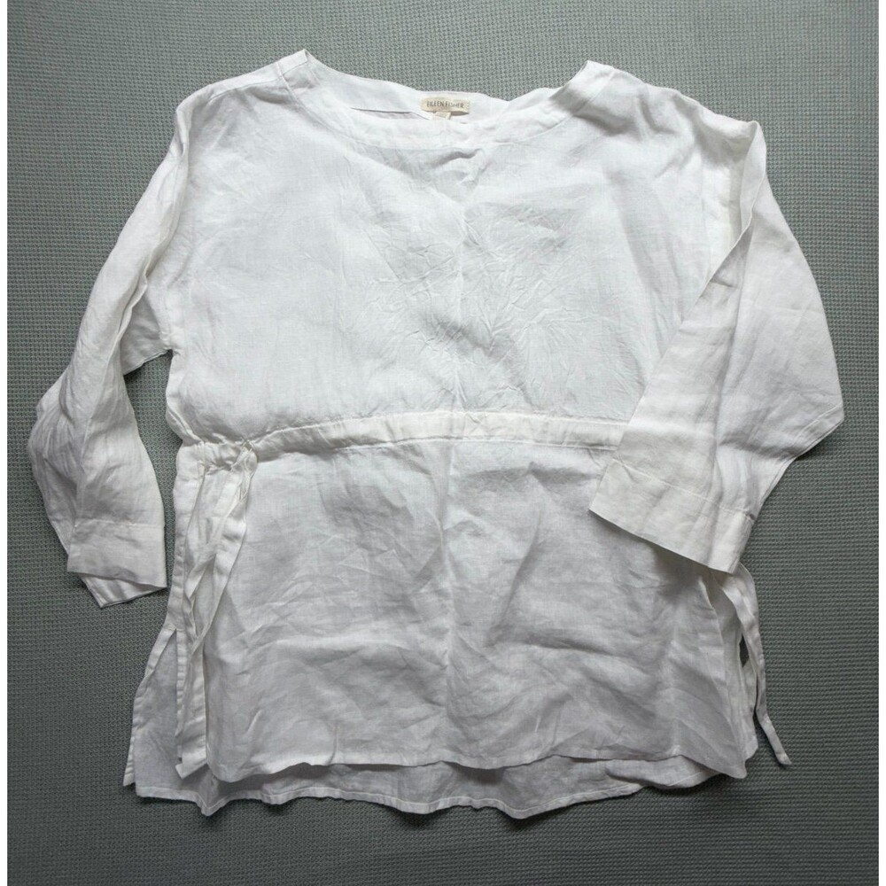 Eileen Fisher Organic Cotton Linen Blend White Bateau 3/4th Sleeve Top